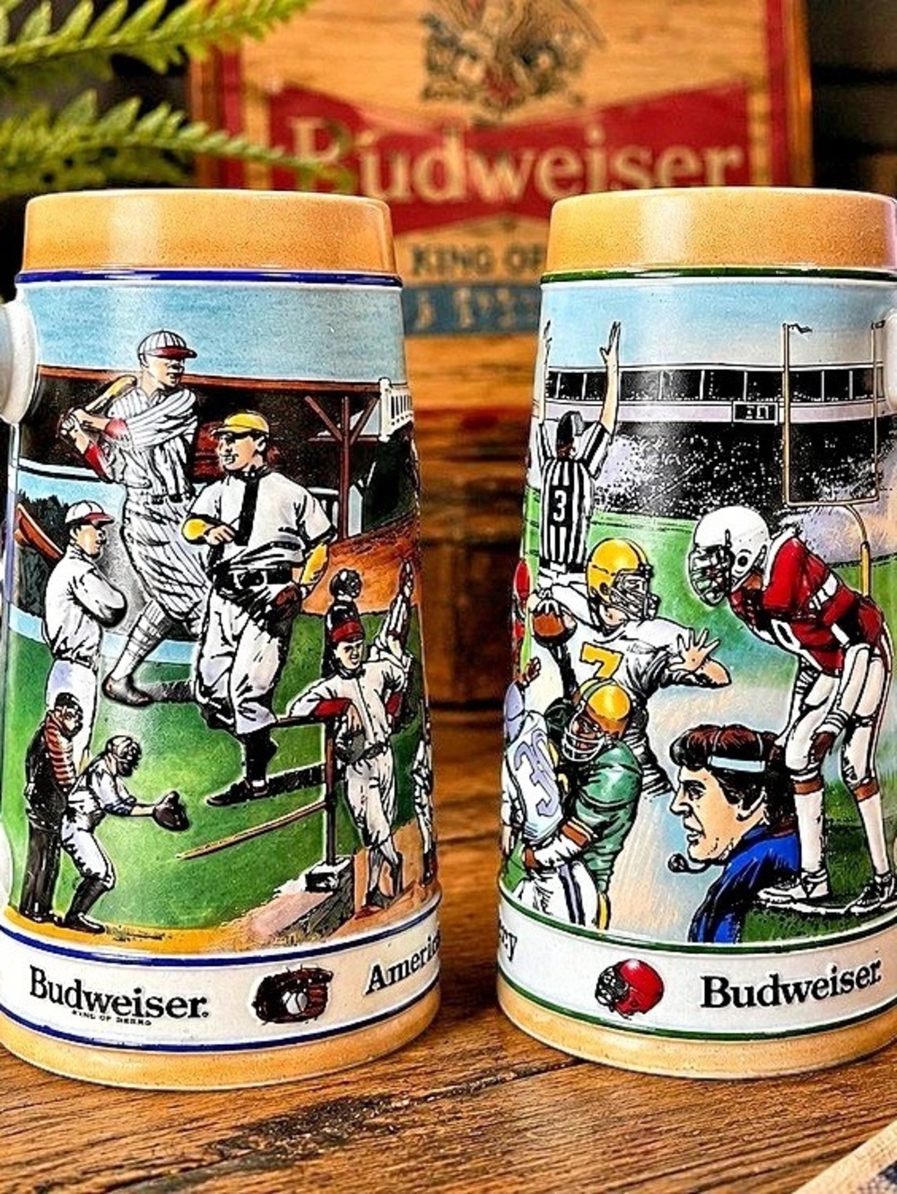 1990 Budweiser Sports Series Baseball Football Ceramarte Stein Pair